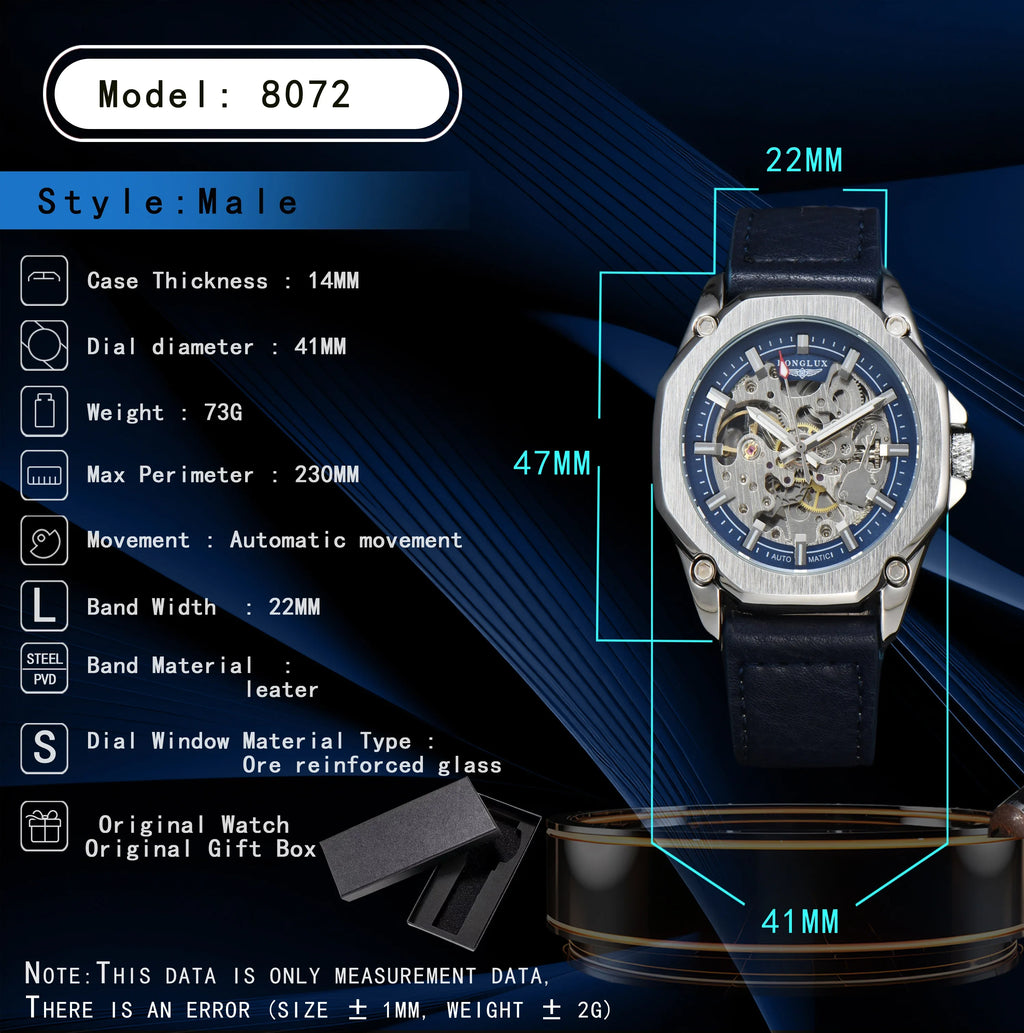 LONGLUX Automatic Watch Sport Style Wholesale Mechanical Wristwatches Fashion Hollow Leather Mens Watch Men Gift