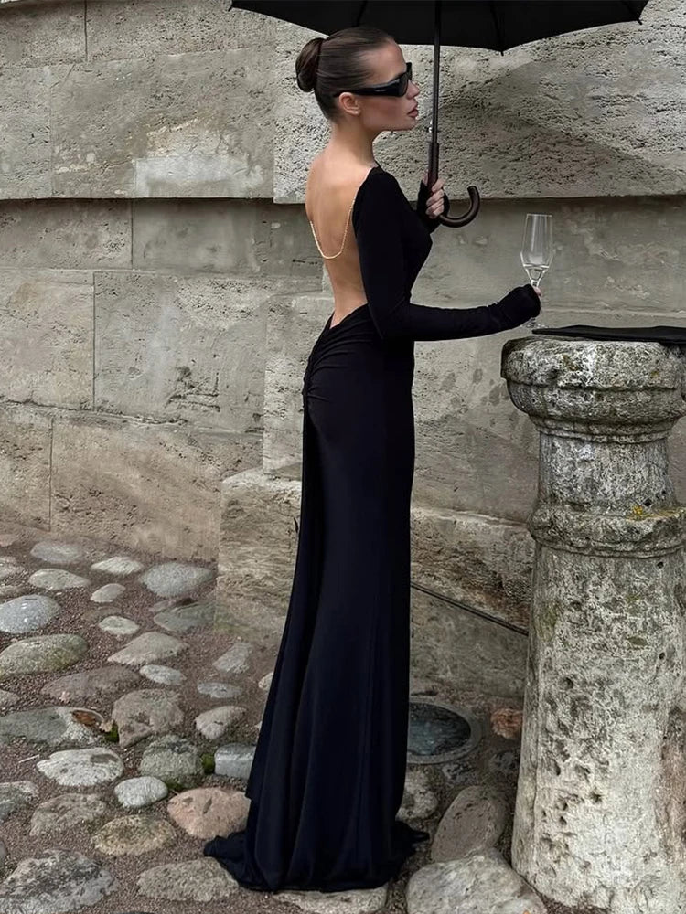 Sisterlinda Classic Bead Backless Dress Women Sexy Slash Neck Full Sleeve Simple Fashion Stretch Banquet Party Elegant Vestidos