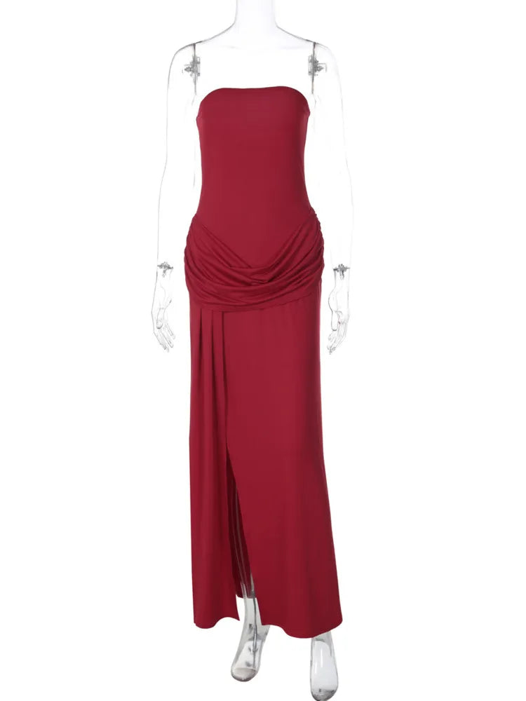Mozision Off-shoulder Strapless Sexy Maxi Dress Women Elegant Sleeveless Backless Ruched High Split Club Party Long Dress