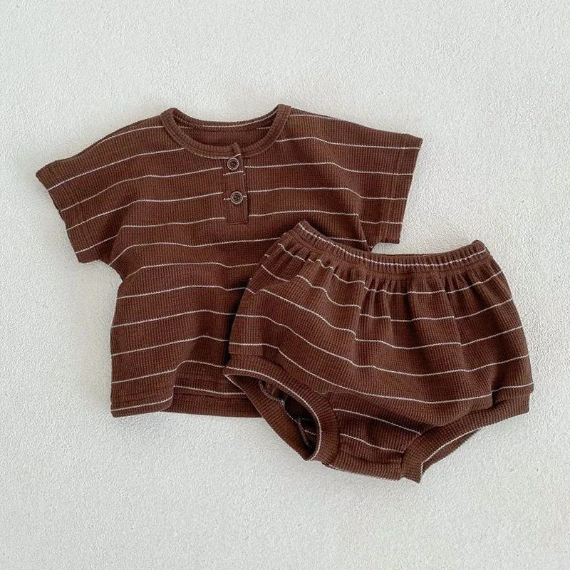 Children's Clothing 0-3 Year Old Summer New Striped Pure Cotton Boy T-Shirt Shorts Set Beach Vacation Girl Short Sleeved Set