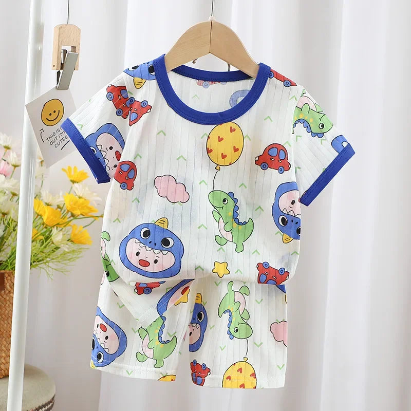 2024 New Summer Children's Clothing Boys Girls Short-sleeved Shorts Suit Baby T-shirt + Pants  Pure Cotton Clothes Set