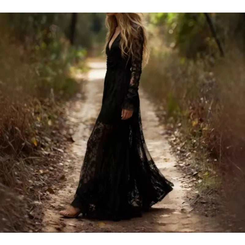 Deep V Neck Lace Embroidery Dress Woman High Waist Chic Hollow Out Jacquard Crochet Dress Autumn Flare Sleeve Formal Party Robe