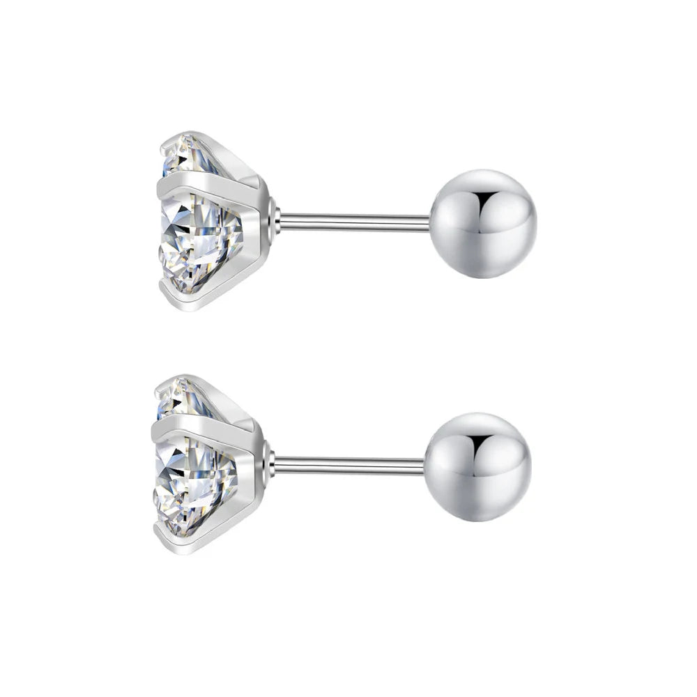 XUBCHC Stainless Steel Round Cubic Zirconia Ear Piercing For Women Men CZ Shiny Silver Color Stud Earrings Black Body Jewelry