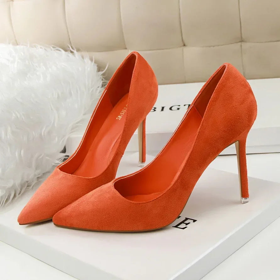Women Elegant Flock Orange Purple Evening Banquet Party Pumps Lady Classic Scarpin New Burgundy 9cm High Heels Shoes Plus Size
