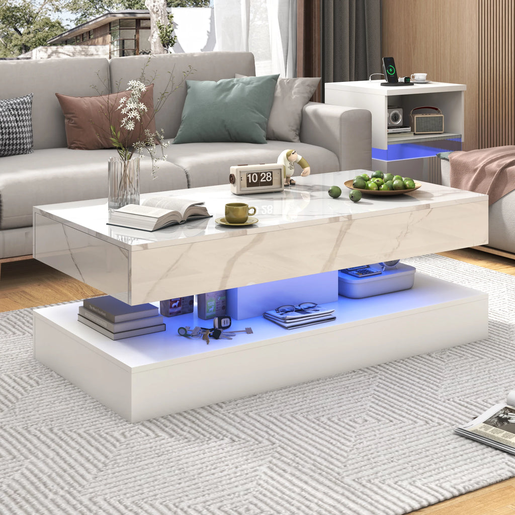 Modern Stylish Coffee Table with LED Lights, Double-Layer Design for Living Room Coffee Table with 2 Storage Drawers
