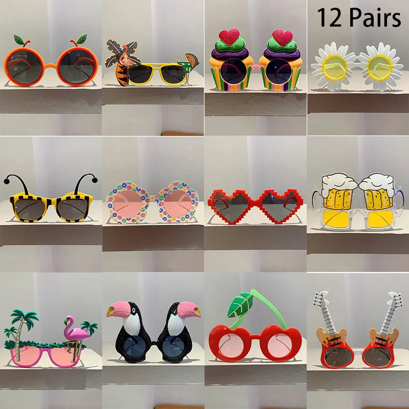 12 Pairs Per Set Cute Beach Sunglasses 2025 Men Funny Summer Vacation Decorative Shades Women Fashion Design Rave Sun Glasses