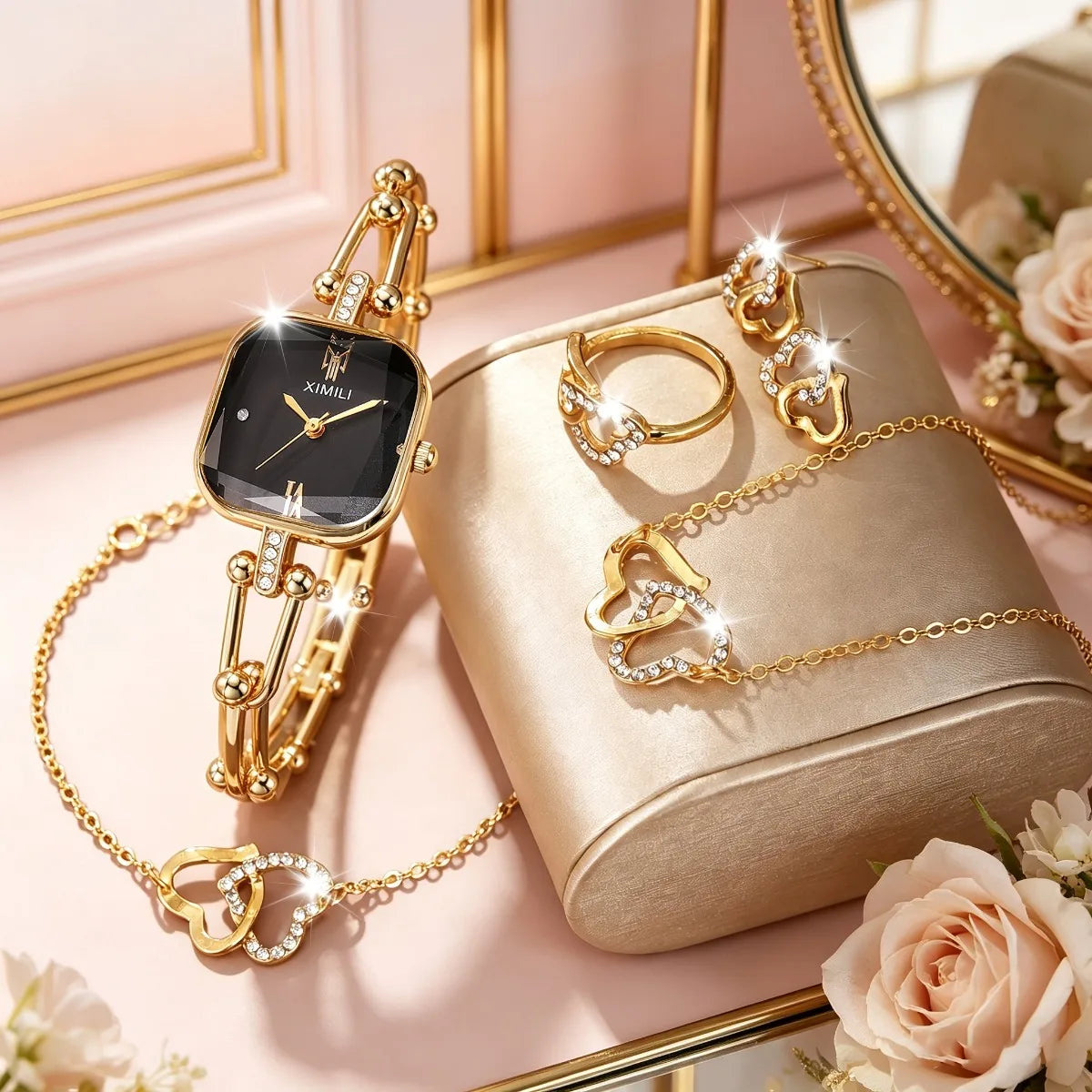 6pcs Elegant Square Women Quartz Watch Jewelry Set Fashion Ladies Wristwatches Rhinestone Necklace Ring Earring Accessories Gift
