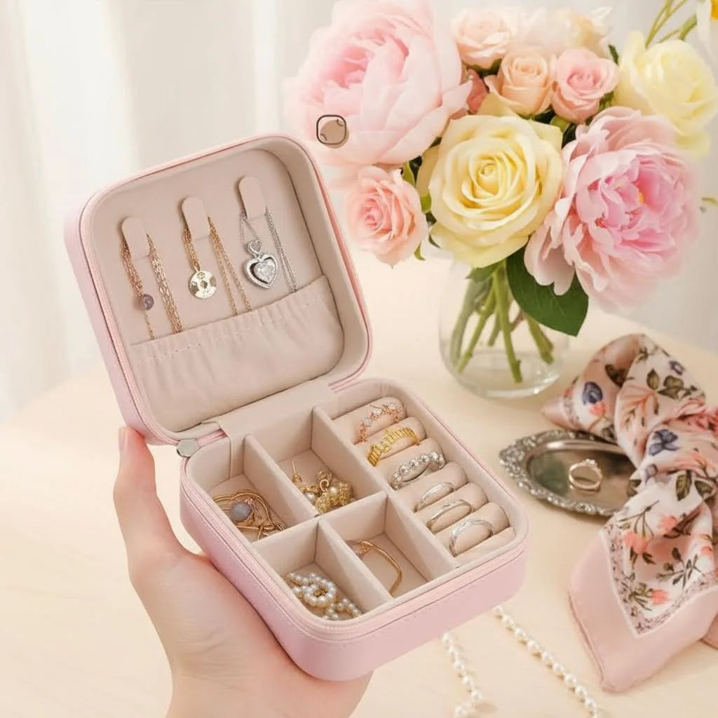 Solid Color PU Leather Material Jewelry Storage Box Travel Earrings Necklace Ring Organizer Case For Travel