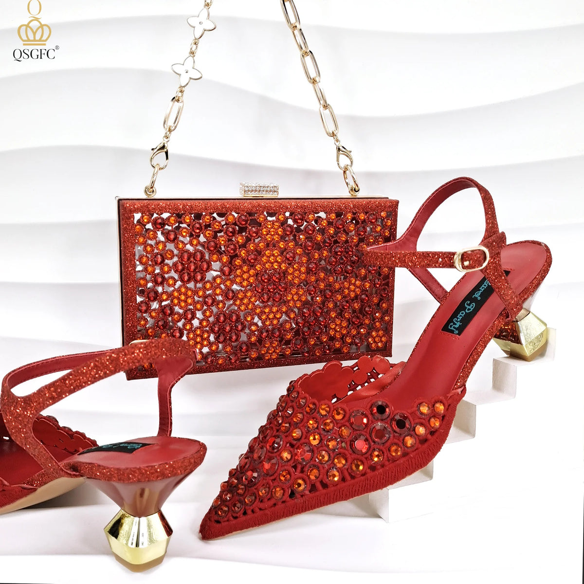 Happy Time Exquisite ! African Women's Shoes And Star Bag Rhinestone Embellished Pointed Toe Cutout Heels Square Clutch Bag