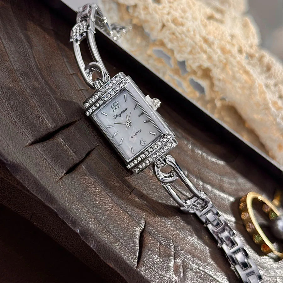 Ladies Fashion Quartz Watch with Diamond-Encrusted Pin Buckle Rectangular Case Popular Cross-Border Sale Elegant Timepiece