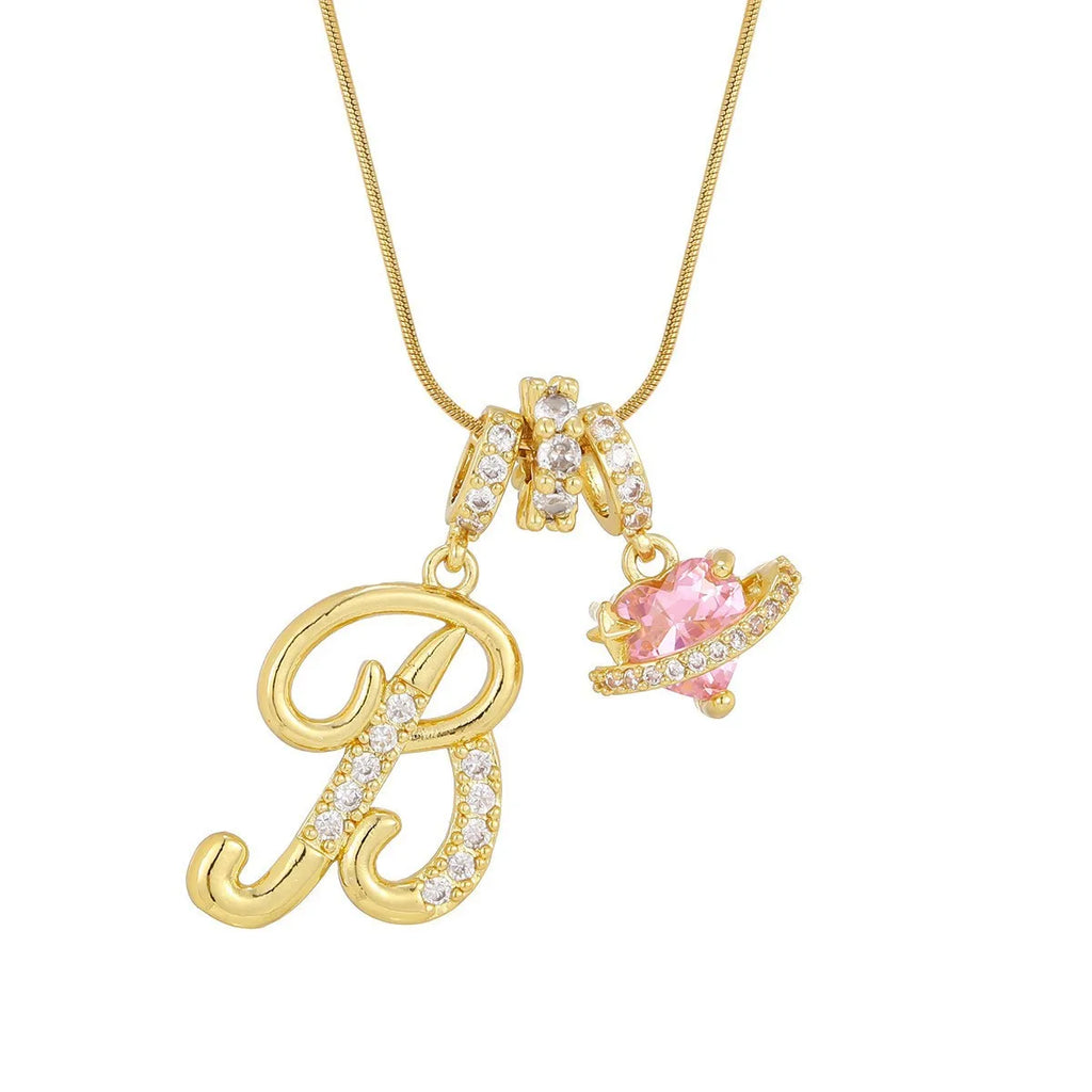Fashion Letter Necklace Pink for Women  Zircon Heart Pendant Suitable for Personalized Stainless Steel Luxury Jewelry for Girls