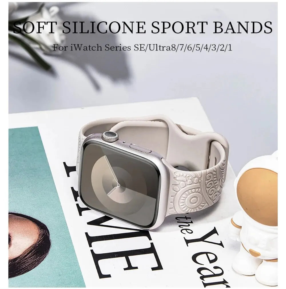 Hot Engraved Pattern Silicone Band For Apple Watch 42mm 46mm 38mm 40mm 41mm Sport Loop Strap For Iwatch Series 10 9 8 Ultra 7 6