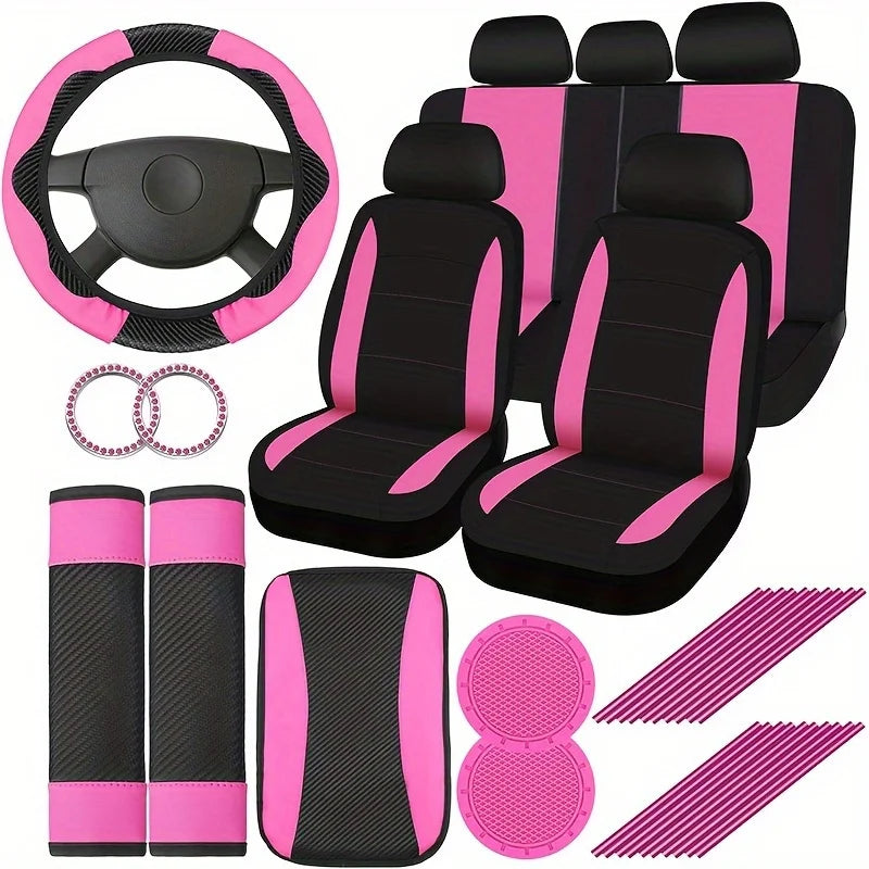 Deluxe Pink Car Seat Cover Set: Steering Wheel Cover, Cup Holder, Armrest Cushion, Seat Belt Cover, for Most Cars, SUVs And Trucks - The Perfect Choice for Stylish Ladies
