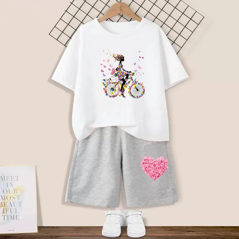 2024 Summer Girls Cotton Clothing Sets Kids Cute Cartoon Butterfly High Heel T-shirt +Shorts 2Pce Suits Childrens Tracksuits
