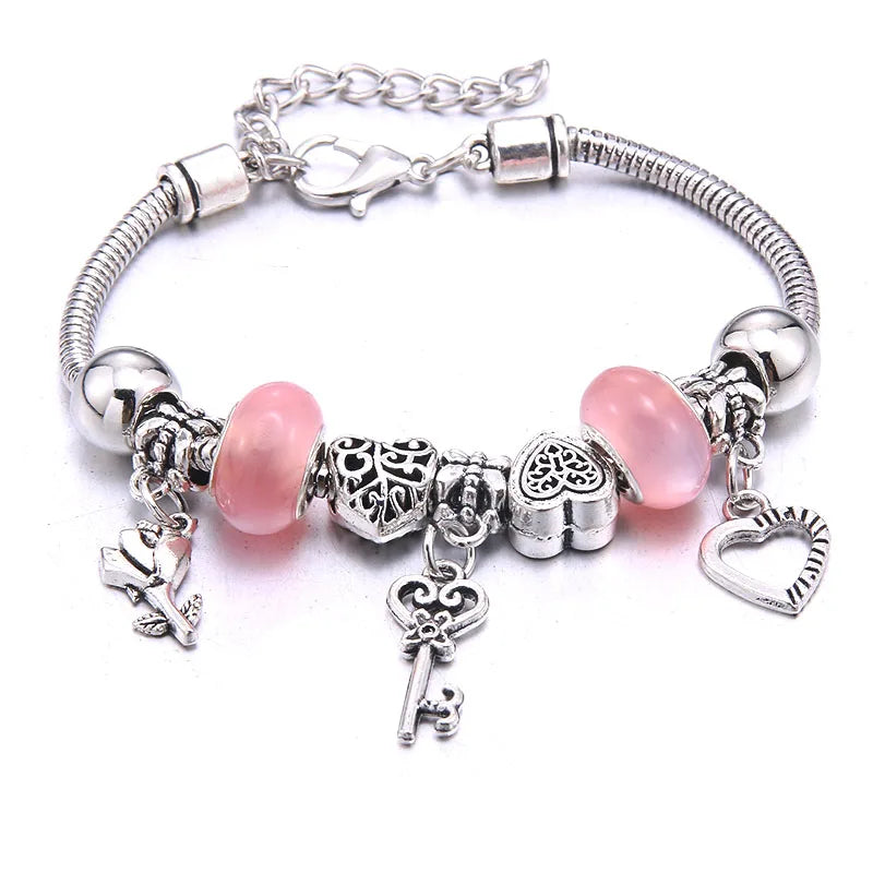 Pink Charm Bangle Lobster Buckle Snake Chain Beaded Bangles For Women Summer Romantic Gift Fashion Butterfly Bracelet Jewelry