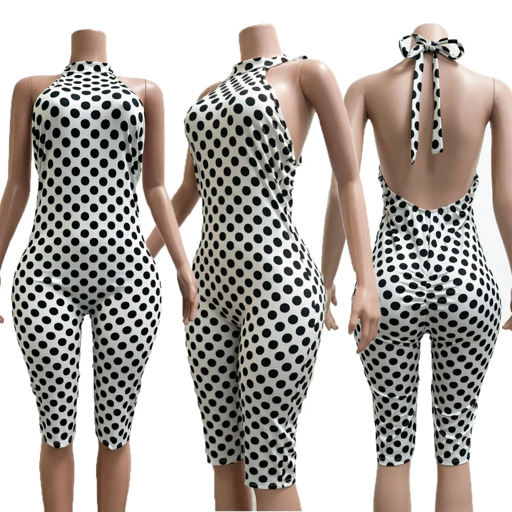 FLARORA Sexy Polka Dot Print Jumpsuit Woman Trend Halter Bandage Backless Sleeveless Peach Hip Skinny Elasticity Street Overalls