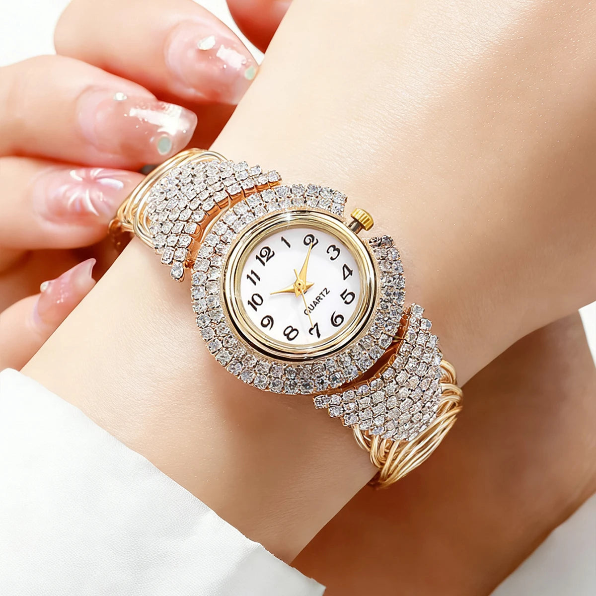 5PCS Luxury Diamond Watch Necklace Earrings Ring Set Fashion Women Crystal Bangle Quartz Wristwatch Jewelry Gifts（Without Box）