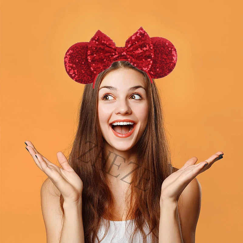 1pc Classic Sequin Headband Mickey Minnie 3.5 "mouse Ear Headband Fashionable Solid Color Theme Park Party Hair Accessory