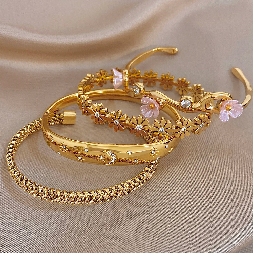Delicate Zircon Flower Cuff Bangle Bracelets for Women Glossy Gold Plated Stainless Steel Wristband Bracelet Waterproof Jewelry