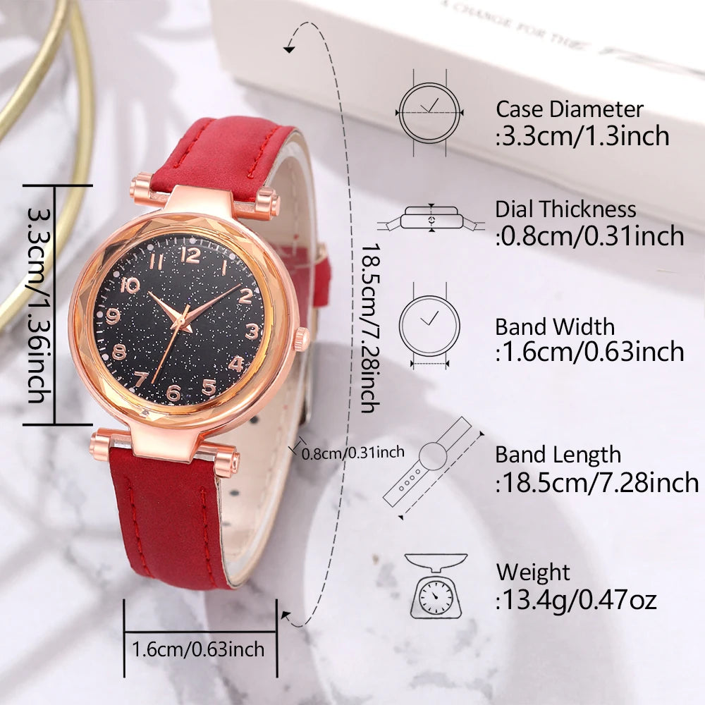 5/6 PCS/Set Red Women's Watch With Minimalist Elements Dial Quartz Watch Latex Strap Cherry Elements Jewelry Set Girl's Gift