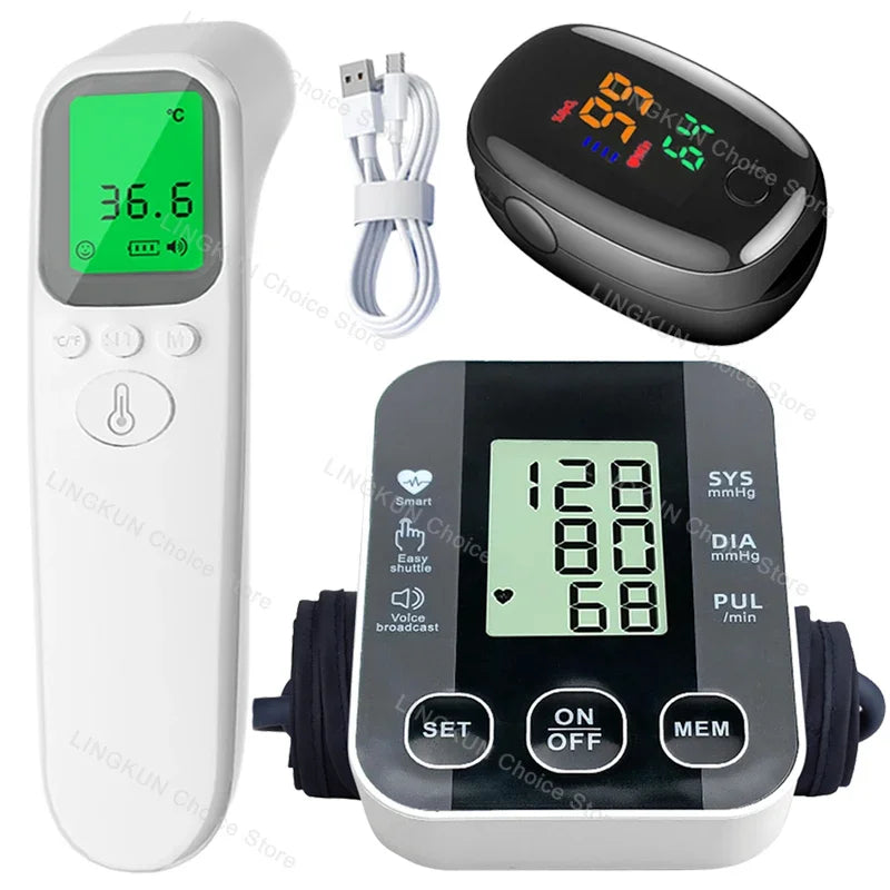 Medical Arm Blood Pressure Meter Tensiometers Tonometer Cuff Fever Thermometer Oximeter Heart Rate 3 IN 1 Set