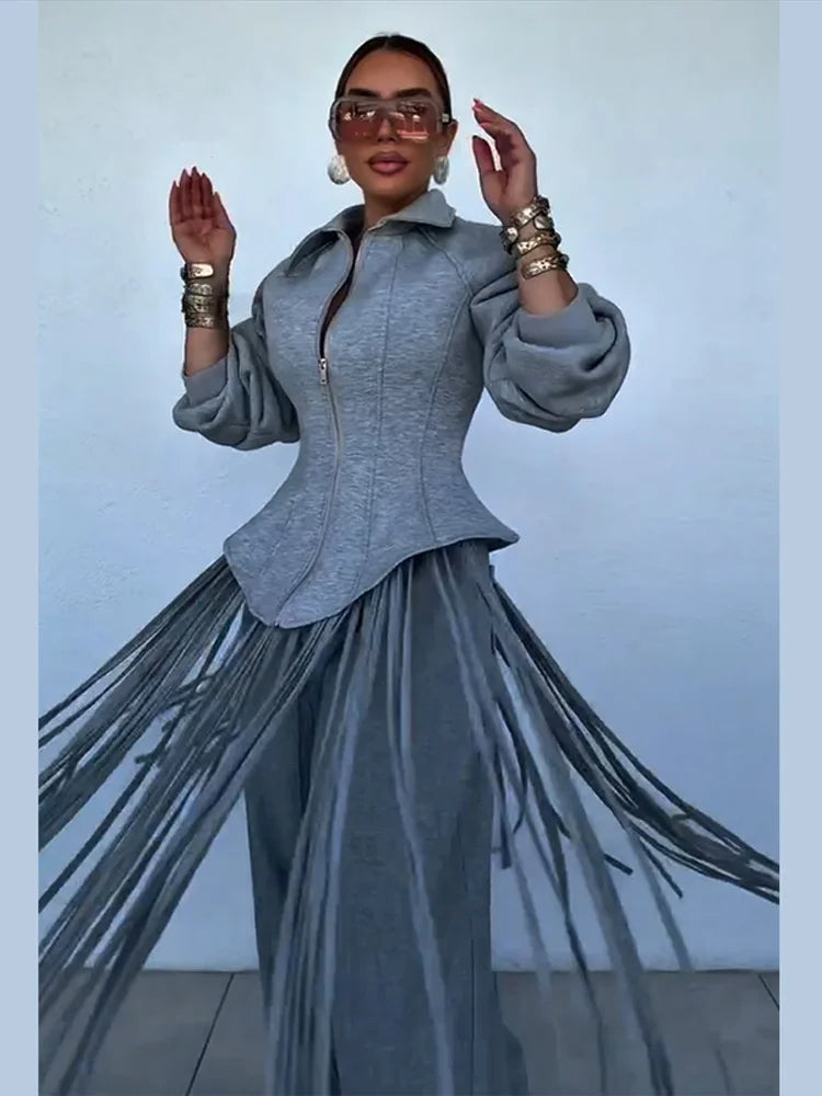 Fashion Tassels Hem Women's Coat Trouser Suit Long Sleeve Waist-Closed Turn-Down Collar Wide Leg Pant 2026 Autumn Chic Lady Set