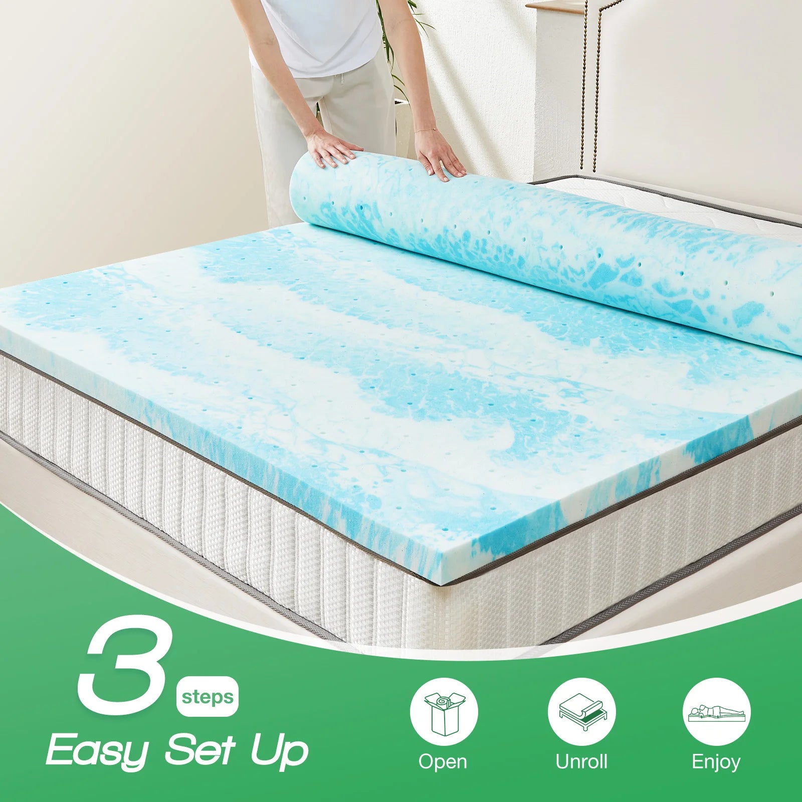 JHK 3 Inch Gel Memory Foam Mattress Topper Full Size Cooling Mattress Soft and Breathable Bed Topper School Bedroom Furniture