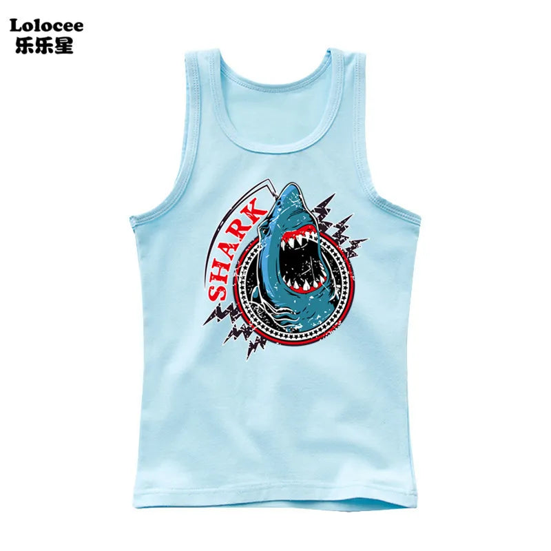 Kids Animal Sea Shark Sleeveless T-shirt 2023 Summer Children Tank Tops Baby Kids Cool Tees 3-14 Years Old