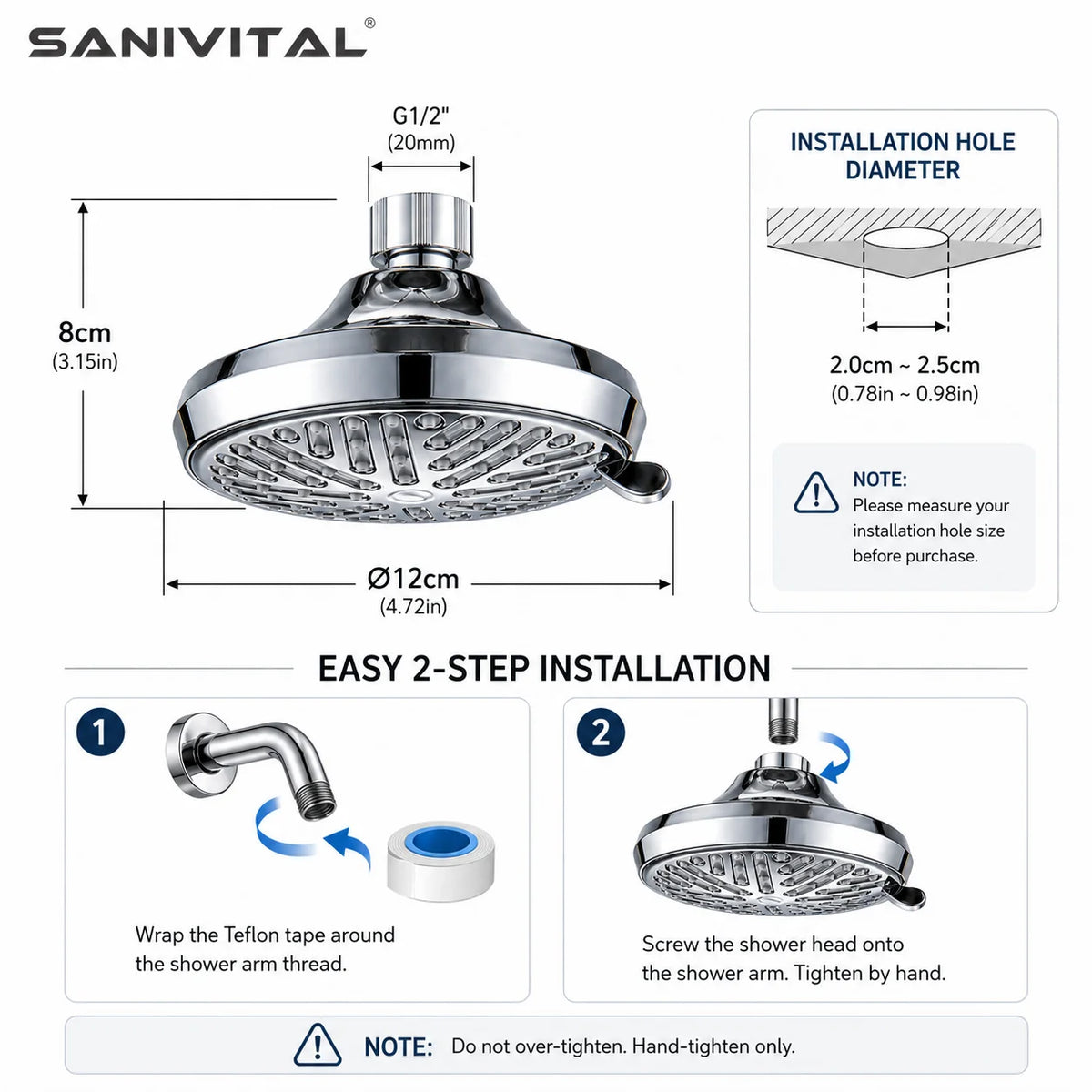 SANIVITAL Chrome ABS Fixed Rain Shower Head High Pressure Anti-Clog Nozzles Bathroom Replacement