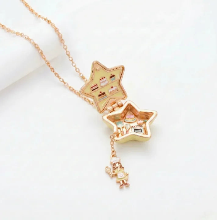 Fairy Tale Gingerbread House Necklace Open and Close Pendant Necklace Women Girls Enamel House Girl Necklace Jewelry Accessory