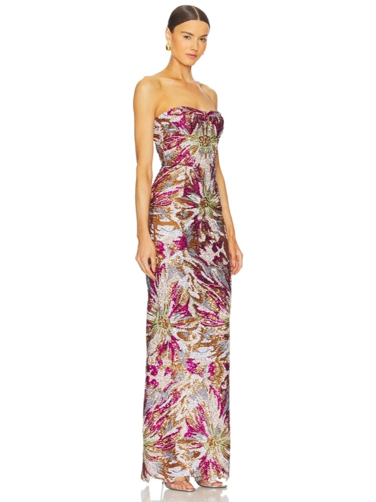Sexy Strapless Multi Sequin Embroidery Long Dress Women Sleeveless Backless Luxury Sequined Slim Dresses Evening Party Gowns