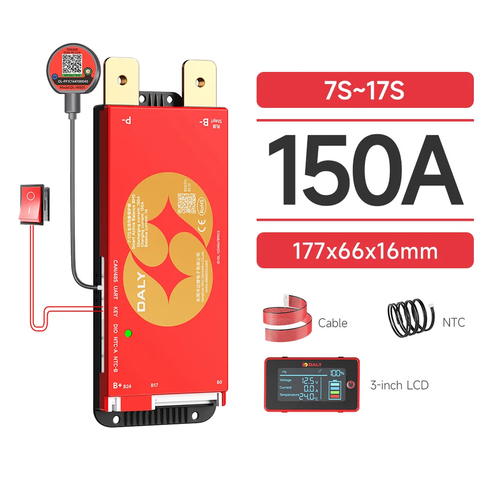 DALY Smart BMS 4S 8S 16S 40A 60A 100A 150A 200A 12V 24V 48V LiFePo4 1A Active Balance BMS with LCD RS485 UART WIFI KEY