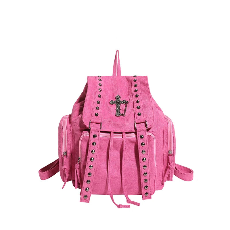 Gothic Punk Backpack Rivets Student School Bag Vintage Duffel Bag with Cross Stud Design Women Large Capacity Travel Bag