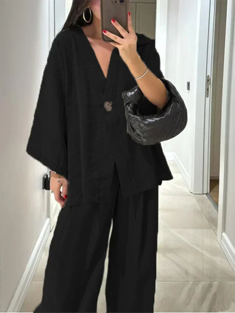 Cozy Cotton Linen Women's 2 Piece Set Casual V Neck Single Button Shirt Wide Leg Pants Suit Lady Summer Commute Streetwear 2025