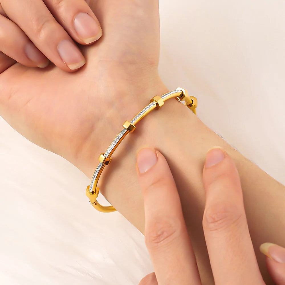 Trendy Round Cubic Zirconia Bangles For Women Men Gold Color Silver Color Stainless Steel Crystal Bangle Party Jewelry