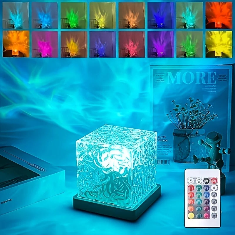 16Colors Ocean Wave Projector Light Dynamic Rotating Flame Remote RGB Dimmable Water Ripple LED Night Lamp for Living Room Decor