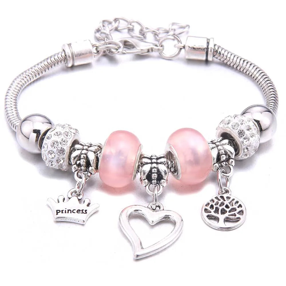 Pink Charm Bangle Lobster Buckle Snake Chain Beaded Bangles For Women Summer Romantic Gift Fashion Butterfly Bracelet Jewelry