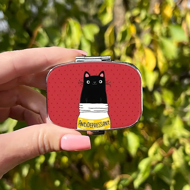 Cute Black Cat Cartoon Pill Box - Compact 2-Compartment Medicine Organizer, Portable for Travel & Purse, Unique Gift Idea