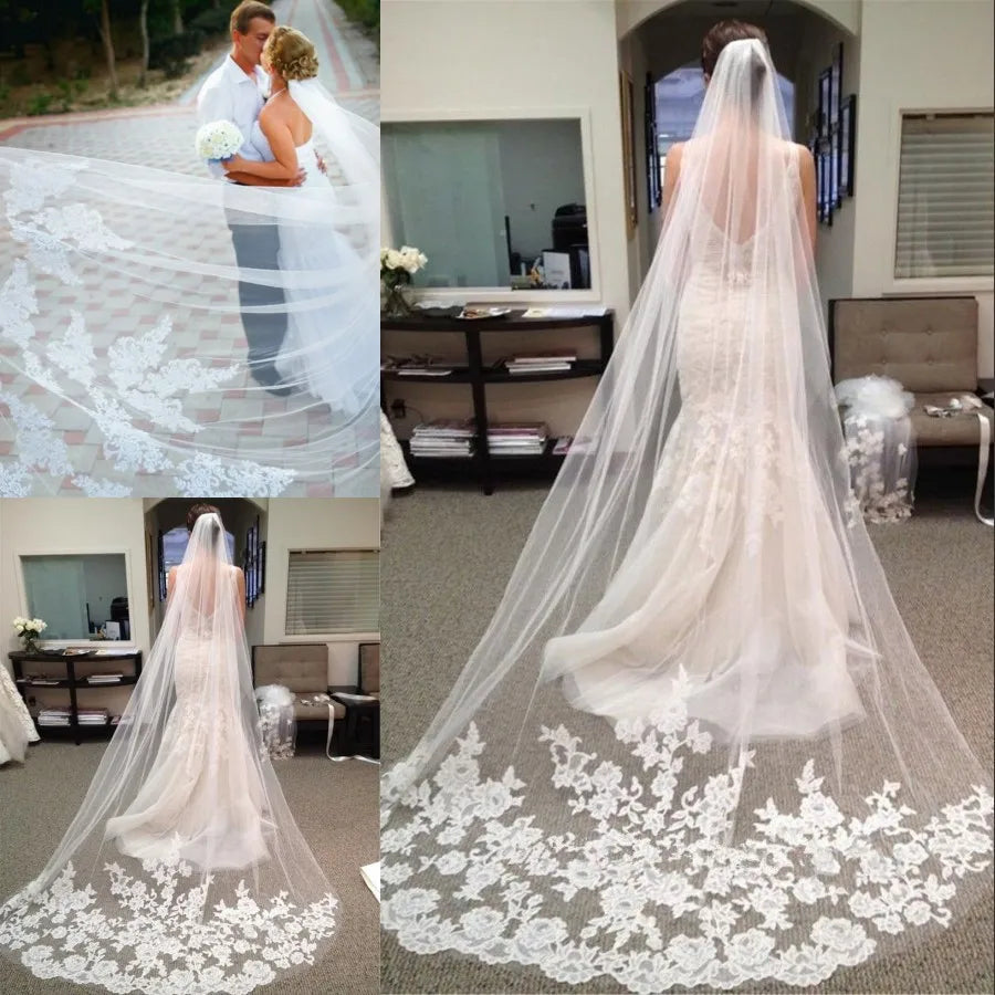 Single Layer Wedding Bridal Veil  Embroidery Lace Edge Bride Supplies 3m with Comb