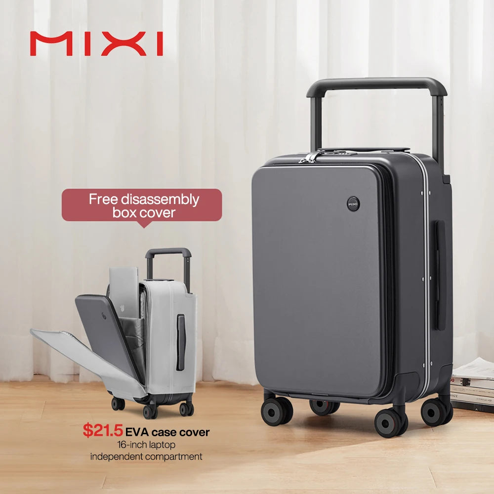 Mixi 2026 New Design Wide Handle Suitcase Men Carry-On Luggage Women Travel Trolley Case 20 Inch Cabin PC Aluminum Frame M9275