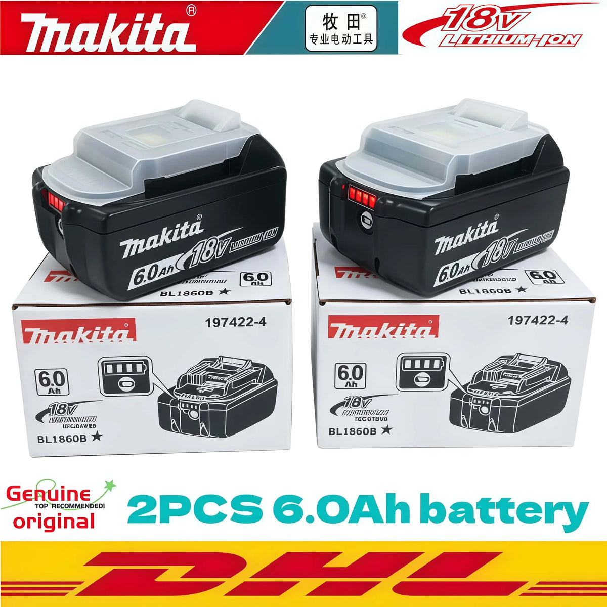 100% Genuine Original Makita 6.0Ah 18V Rechargeable Battery, BL1860B Makita 18V Battery BL1850 BL1840 BL1860 Replacement Lithium