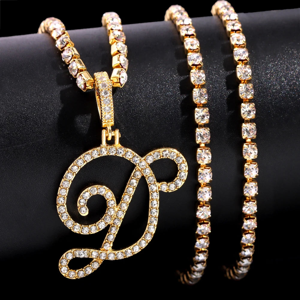 Flatfoosie Fashion A-Z Cursive Letter Crystal Chain Necklace For Women Bling Iced Out Initial Pendant Necklace Hip Hop Jewelry