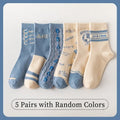5 Pairs of Women's Spring Four-season Cute SStriped Letters Youthful Beautiful Fashionable and Comfortable Mid-calf Socks