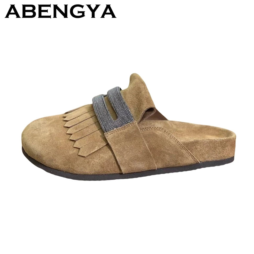 2025 Summer Round Wrap Toe Flat Half Slippers Women Suede Leather Tassels Platform Mules Ladies Outdoor Casual Beach Shoes Mujer