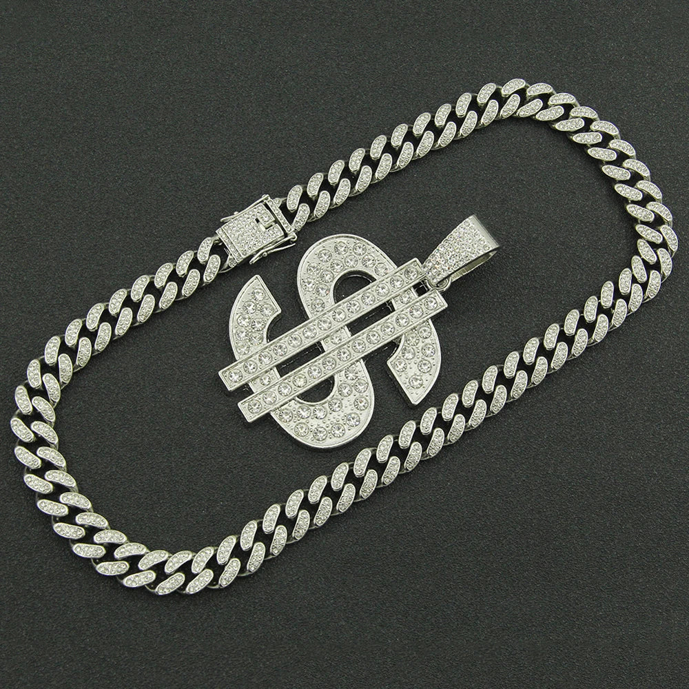 Fashion Hip Hop Dollar Pendant Necklace with 13mm Cuban Chain US Dollar Money Sign Necklaces Rap Rock Punk Jewelry For Man Gift