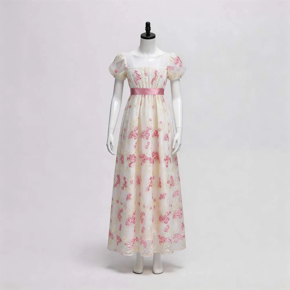 European Vintage Regency Tea Dress Square Neck Puff Short Sleeve Floral Embossed Long Imperial Cosplay Gown With  Waist Belt