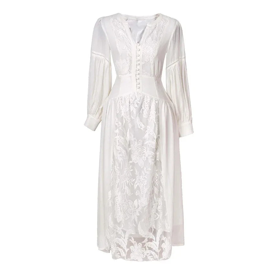 GypsyLady White Floral Embroidery Maxi Dress Vintage Boho Long Lantern Sleeve Dress Women V-neck Holiday Sexy Ladies Dresses