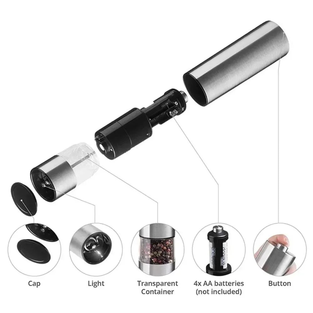 Stainless Steel Electric Pepper Grinder Salt and Pepper Mill Set for Black White Pepper Sichuan Peppercorn Rose Salt Grinding Seasoning Bottle Home Kitchen Spice Mill Tool Gadgets for Cooking Supplies Easy Use