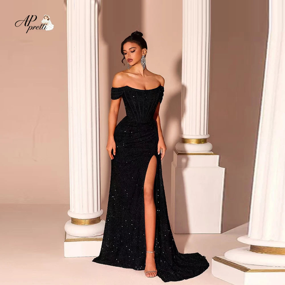 AP Pretti Women Sequin Off Shoulder High Slit Prom Dress For Wedding formal Birthday Evening Party Dresses Vestidos Customized