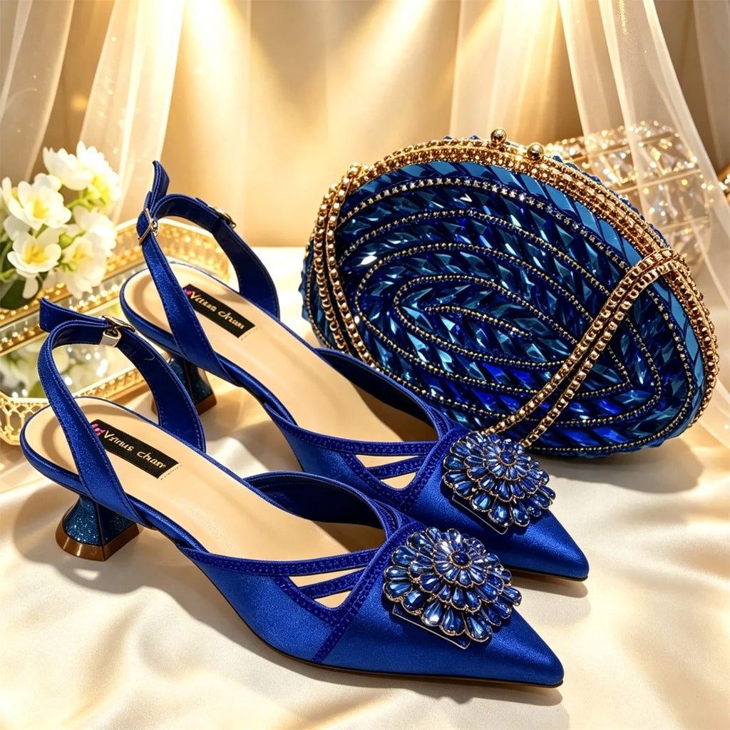 Shimmery Glitter Slingback Women High Heels Fuchsia Shoes and Matching Bag Set Rhinestone Wedding Party Banquet Events